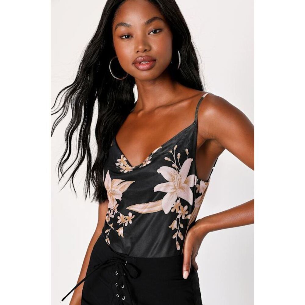 Lulus One-of-a-kind Stunner Black Floral Print Mesh Cowl Neck Bodysuit - Size S
